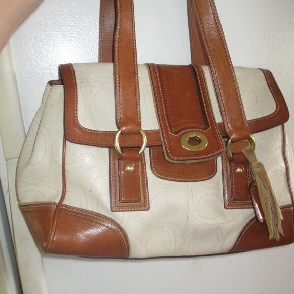 Coach Brown cream classic Leather Satchel purse - Picture 2 of 14